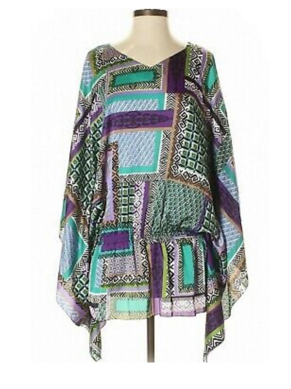 Chico's Caftan Patchwork Tunic Blouse Sz Small Purple Green